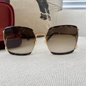 New Gucci GG 0593SK 002 Havana Gold Metal Sunglasses Brown Gradient Lens